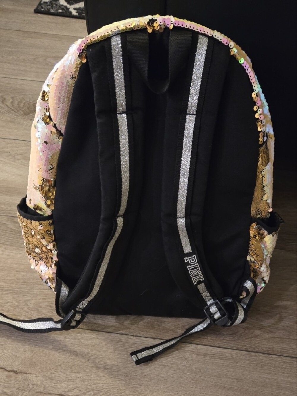 Victoria’s Secret PINK Flip Sequin Campus Backpack Gold Iridescent Black Logo - Picture 2 of 5
